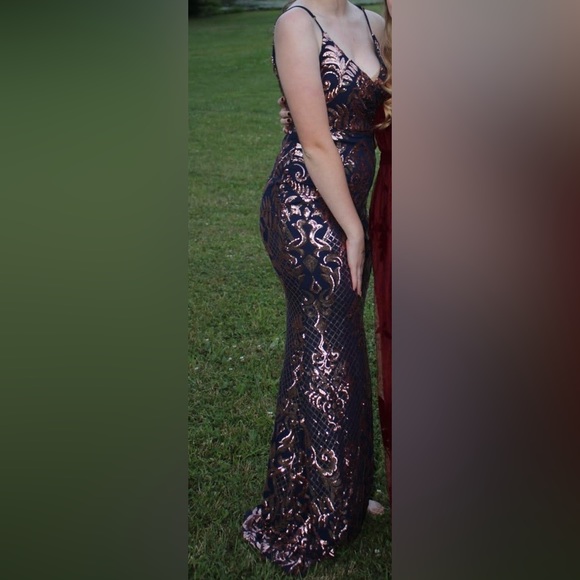 Windsor Navy Blue and Gold Sequin Floor Length Prom Dress - Picture 1 of 6